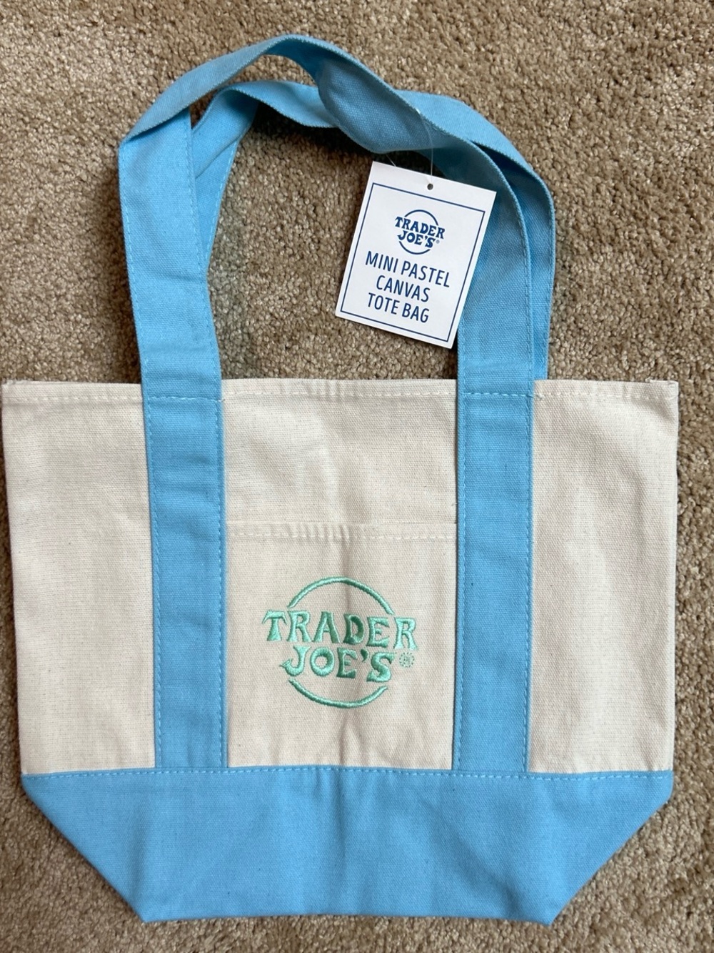 Trader Joe's Mini Canvas Tote Bag in Light Blue and Cream